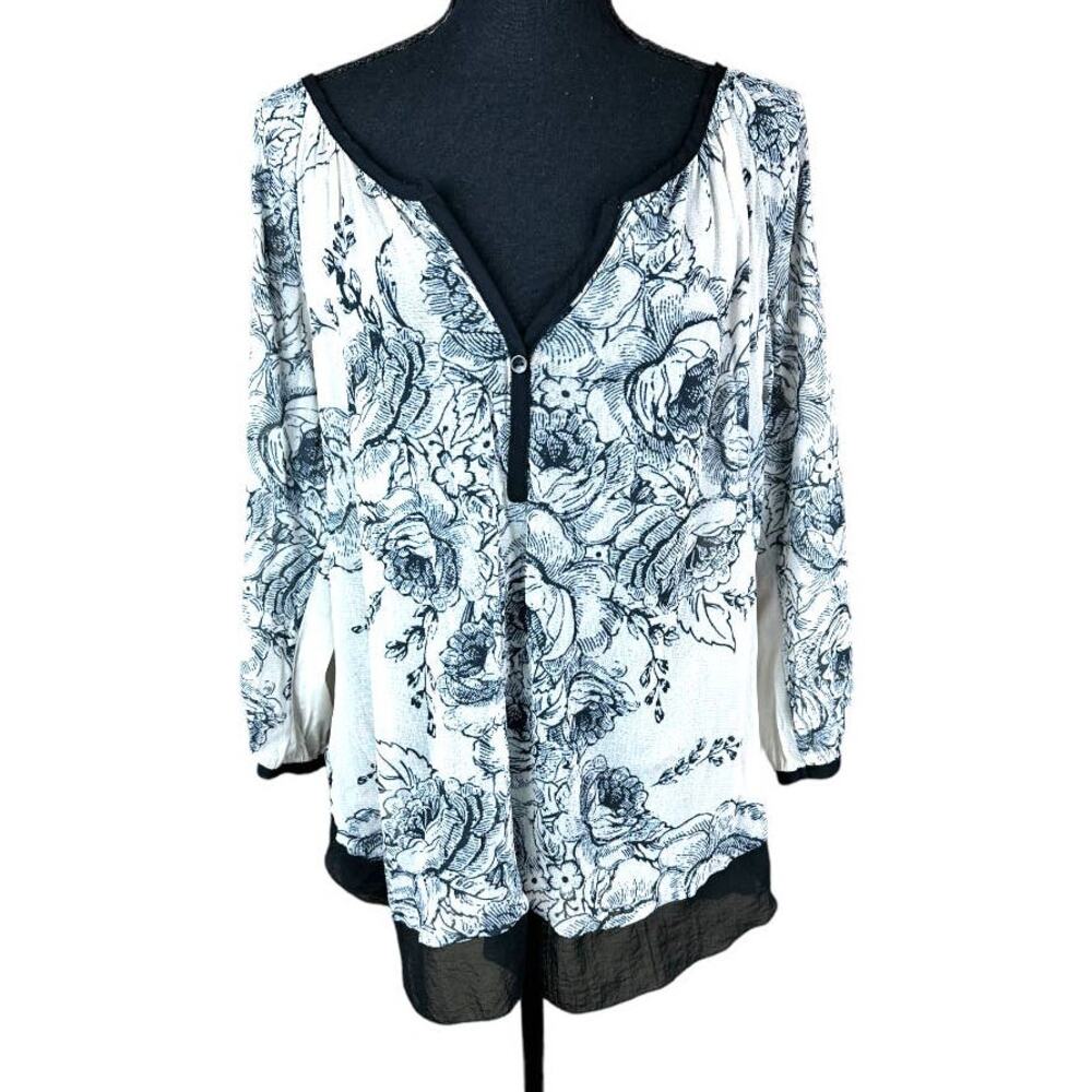 Weston Wear floral print shee button up blouse white blue v-neck casual size LG